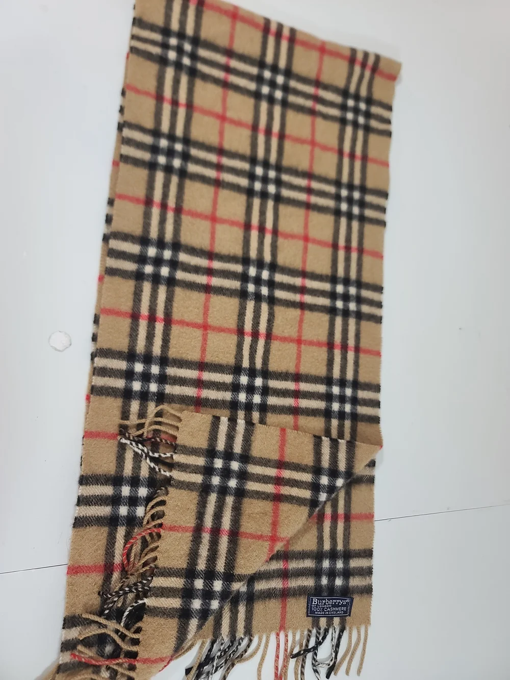 Burberry Tan Plaid Wool Scarf with Black and Red Accents